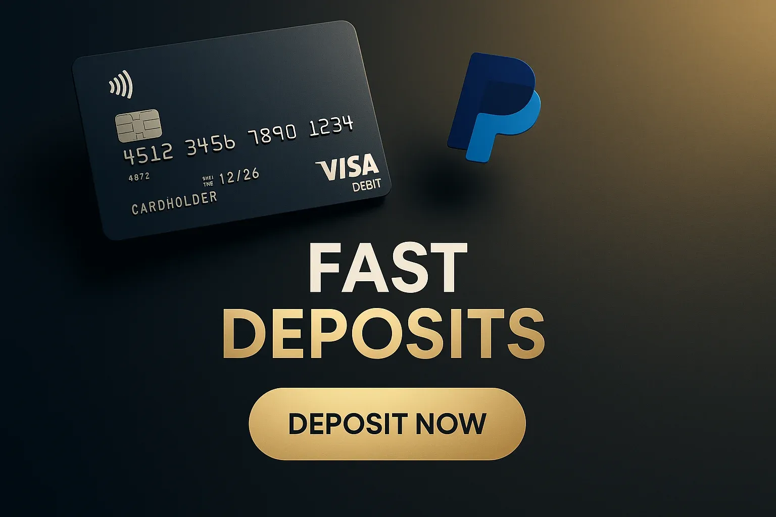 Photorealistic sports betting banner with fast deposits text and premium fintech styling