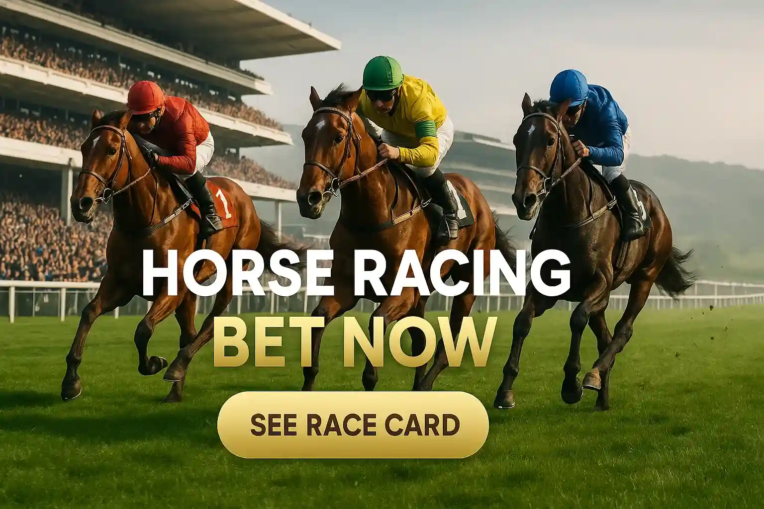 Three thoroughbreds racing at Cheltenham with betting banner text overlay
