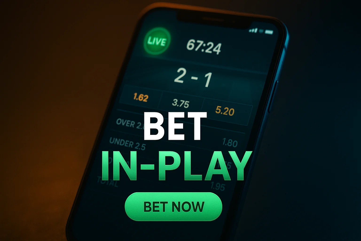 Smartphone showing live in-play football betting odds and match timer