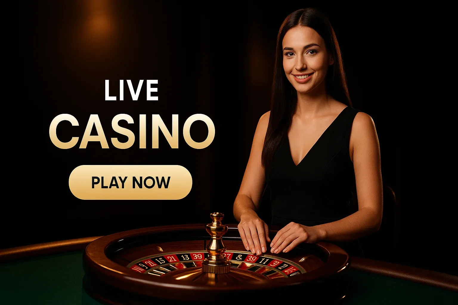 Female croupier with roulette wheel on luxury live casino banner