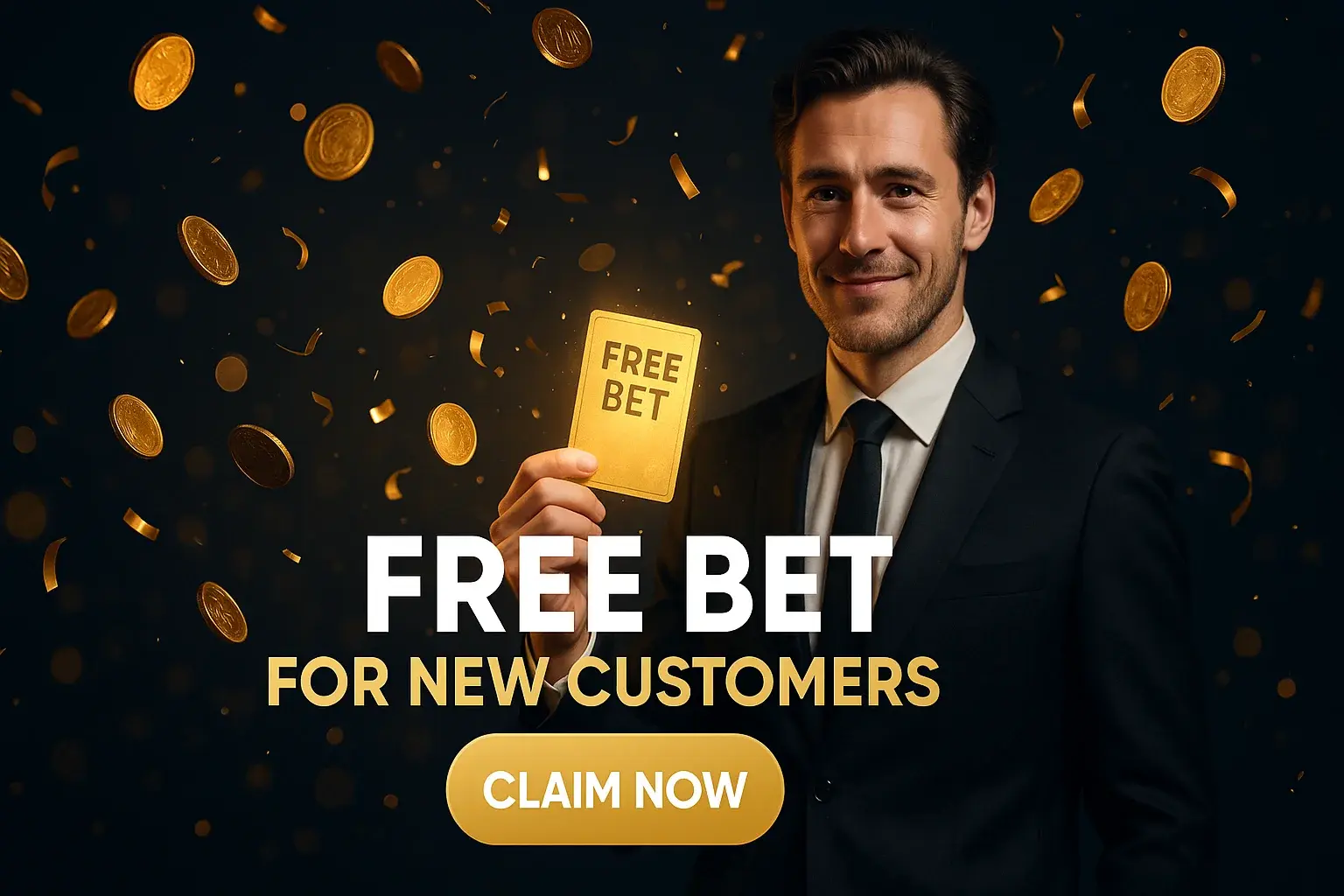 Sports betting banner with British man, free bet slip and gold coins