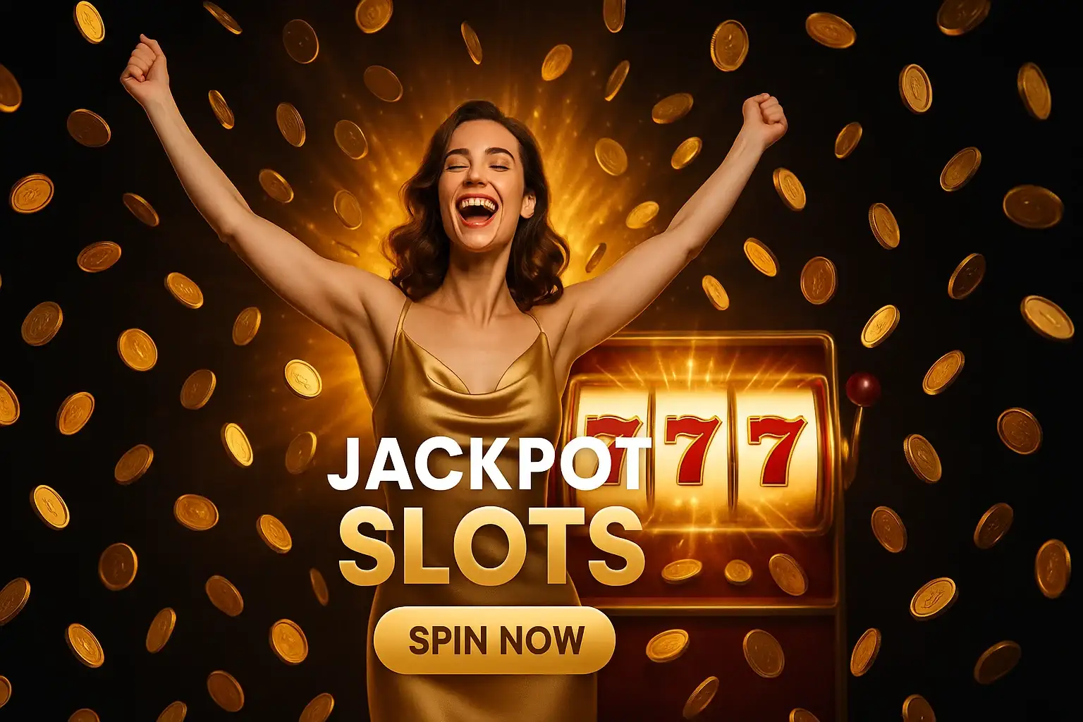 Glamorous woman celebrating jackpot slots win with raining gold coins
